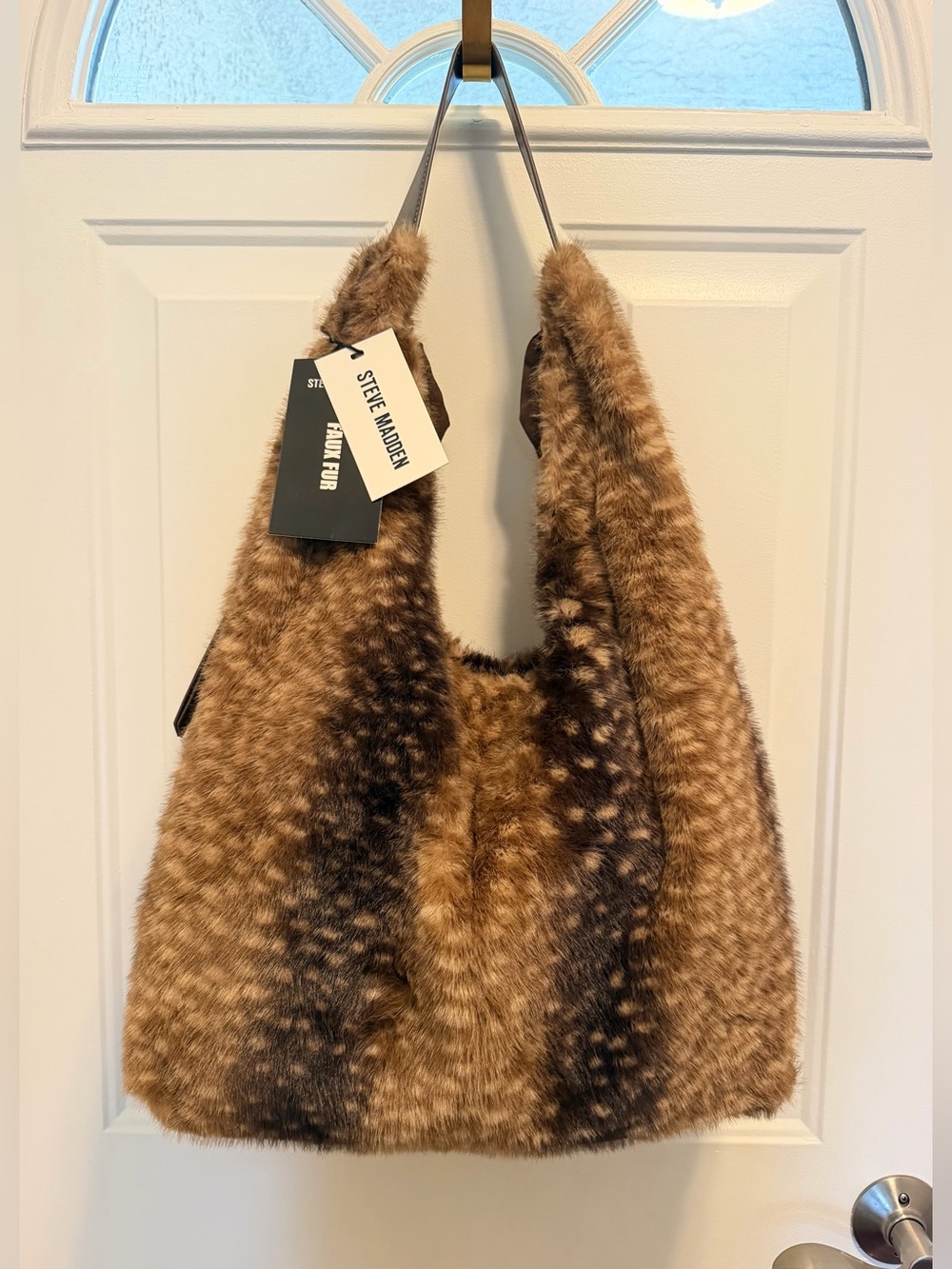 Steve Madden Brown Faux Fur Deer Spotted Hobo Bag with Makeup Bag Purse